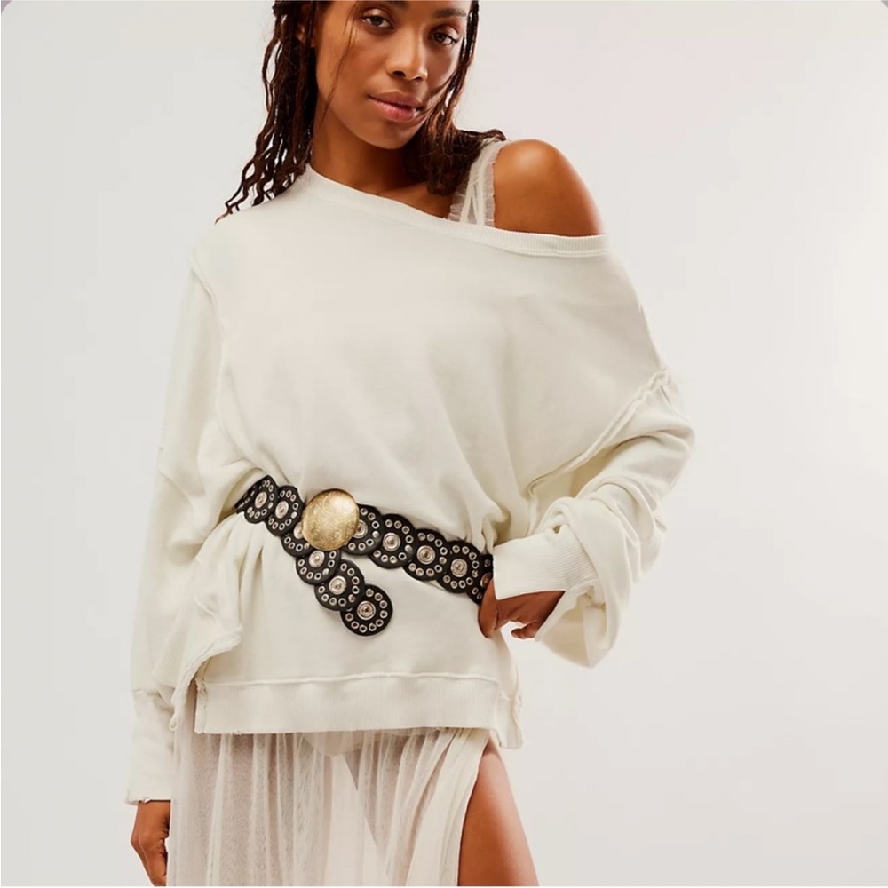 NEW! WE THE FREE PEOPLE Camden LARGE Gray Opal Cream Off-Shoulder Sweatshirt